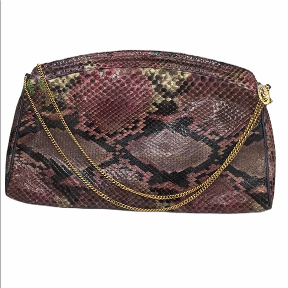 Venetto Handbags - VENETTO purple genuine snakeskin chain clutch bag